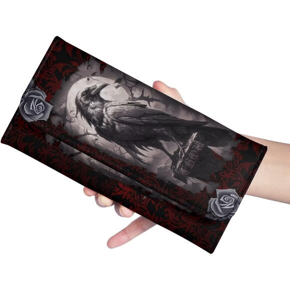 Gothic Raven/Crow Wallet – Black Rose Print with Full Moon and Thorn Detailing - Picture 4 of 6